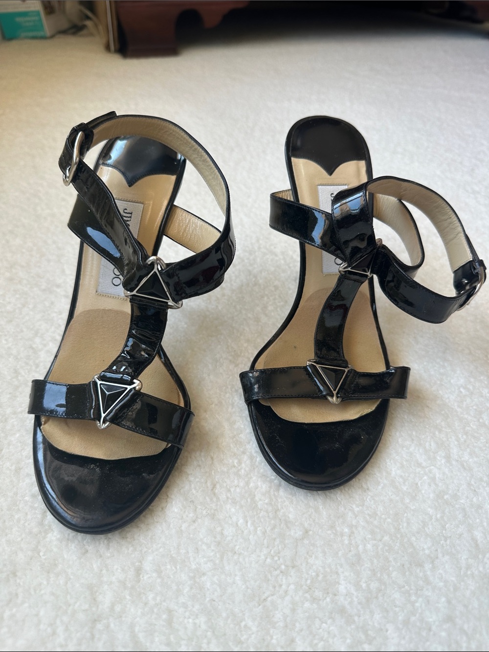 Jimmy Choo Black Patent Leather Strappy T‑Bar Heels with Triangle Hardware